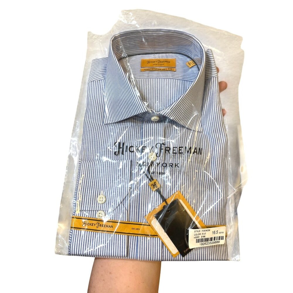 Hickey Freeman Men's Contemporary Fit Luxury Dress Shirt Blue Stripe Size 16.5